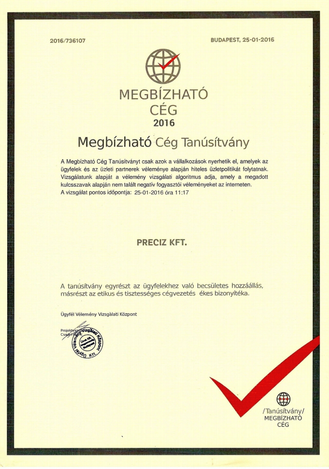 Megbízható Cég Tanúsítvány